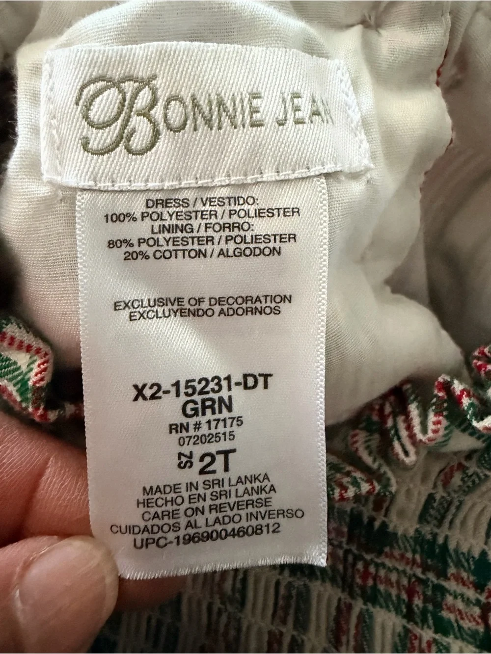 Bonnie Jean Cream Dress with Red & Green Plaid Smocking